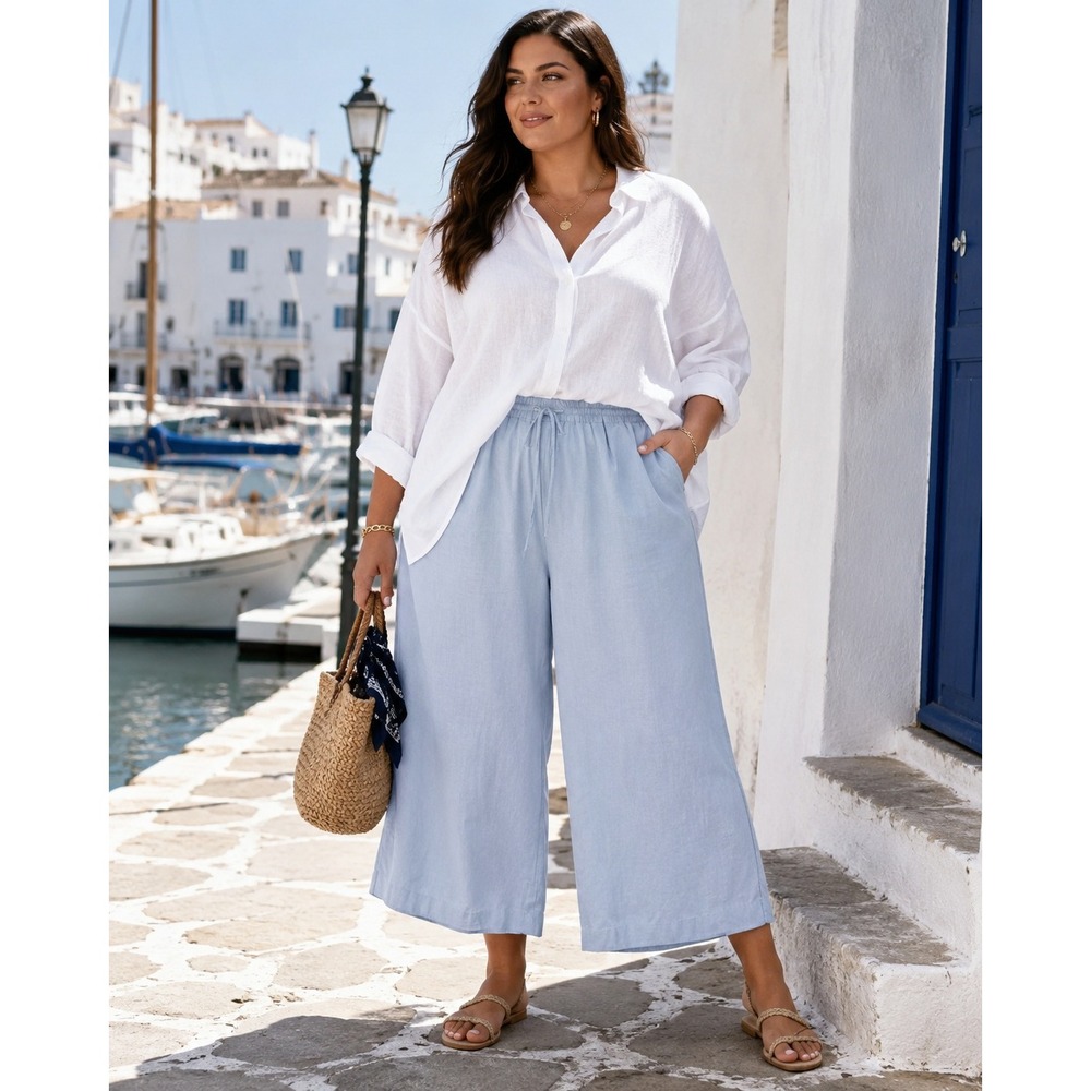 Plus Size Linen Blend Pants 3X Coastal Lagenlook Beach Wide Leg Crop Relaxed Fit